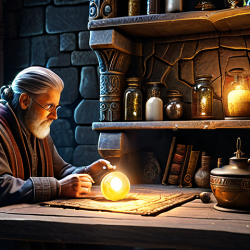 Home 11 A highly detailed, professional crafter, gender-neutral, in modest, practical attire, meticulously examining a fantasy item on an ancient, mystical crafting bench. One hand gently holds a small, brightly glowing essence, illuminating the item with magical light. The crafting chamber is atmospheric, with arcane symbols on stone walls and shelves filled with exotic reagents and scrolls. Volumetric lighting, hyperrealistic textures, intricate details, cinematic lighting. fully clothed, modest clothing, appropriate attire, safe for work, appropriate content, professional, family-friendly, perfect anatomy, correct proportions, natural pose, well-formed hands, proper finger count, natural body proportions.