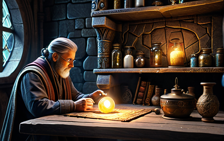 A highly detailed, professional crafter, gender-neutral, in modest, practical attire, meticulously examining a fantasy item on an ancient, mystical crafting bench. One hand gently holds a small, brightly glowing essence, illuminating the item with magical light. The crafting chamber is atmospheric, with arcane symbols on stone walls and shelves filled with exotic reagents and scrolls. Volumetric lighting, hyperrealistic textures, intricate details, cinematic lighting. fully clothed, modest clothing, appropriate attire, safe for work, appropriate content, professional, family-friendly, perfect anatomy, correct proportions, natural pose, well-formed hands, proper finger count, natural body proportions.